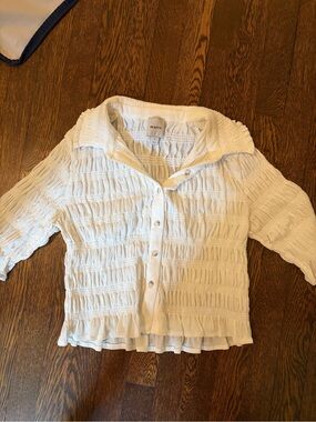 Maeve White Smocked Button-Front Blouse